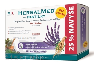 HERBALMED PASTILKY BEZ CUKRU - Dr.Weiss pri prechladnutí (šalvia, ženšen, extrakt 20 bylín a vit.C) pastilky (24+6 navyše) 1x30 ks)