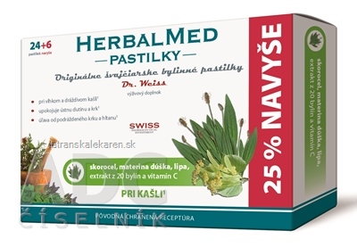 HERBALMED PASTILKY pri kašli - Dr.Weiss (skorocel, mat.dúš, lipa, 20 bylín, vit.C) pastilky (24+6 navyše) 1x30 ks