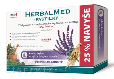 HERBALMED PASTILKY pri prechladnutí - Dr.Weiss (šalvia, ženšen,20 bylín,vit.C) pastilky (24+6 navyše) 1x30 ks