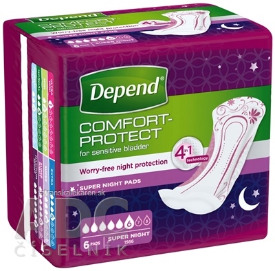 DEPEND SUPER NIGHT (SUPER PLUS) inkontinenčné vložky pre ženy, 12x40 cm, savosť 808 ml, 1x6 ks