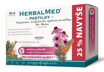 HERBALMED PASTILKY pre posilnenie imunity - Dr.W. (echinacea, rakytník, 20 bylín, vit.C) pastilky 24+6 navyše (30 ks)